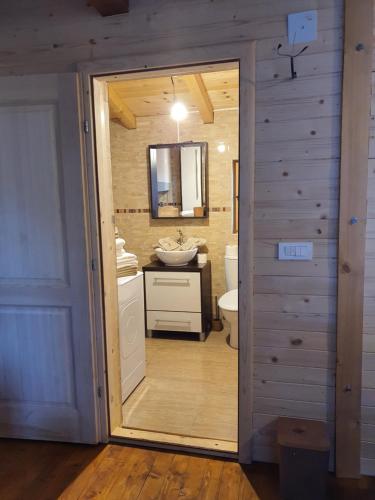 uma casa de banho com um WC, um lavatório e um espelho. em Villa Skyline em Kotor