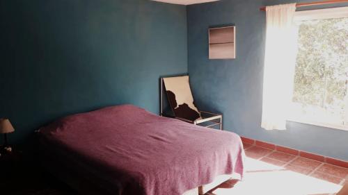 1 dormitorio con cama morada y ventana en Sacha Manta en Mina Clavero
