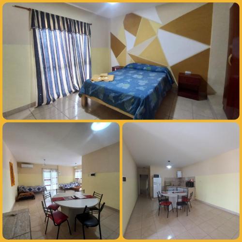 three pictures of a room with a bed and tables at Apartamentos Villa Jardin in Reyes