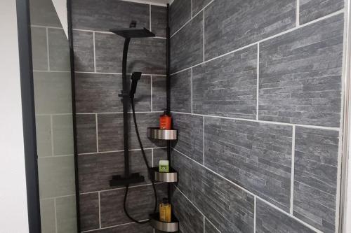 łazienka z prysznicem z głowicą prysznicową w obiekcie Appartement climatisé entièrement rénové en hyper centre! Le Rétro Chic - Parking gratuit - Linge et serviettes inclus - w mieście La Roche-Chalais
