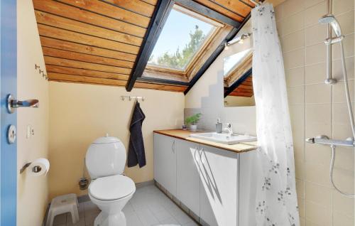 łazienka z toaletą, umywalką i oknem w obiekcie 3 Bedroom Cozy Home In Fjerritslev w mieście Fjerritslev