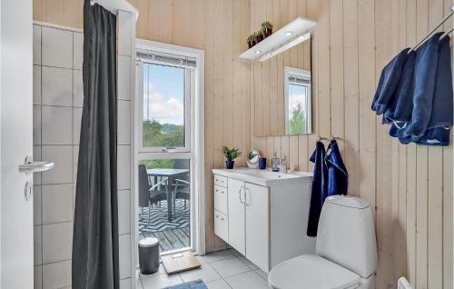een badkamer met een toilet, een wastafel en een raam bij Cozy Home In Lgstrup With Kitchen in Løgstrup