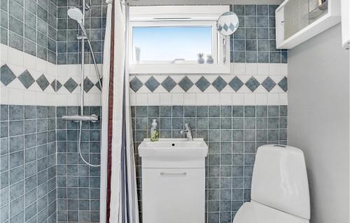 a bathroom with a shower and a toilet and a sink at Gorgeous Home In Bogø By With Wifi in Bogø By
