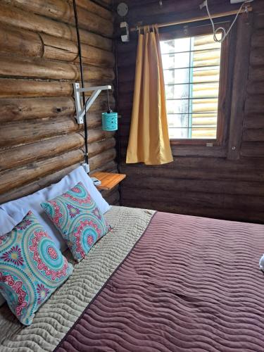 - une chambre avec un lit doté d'oreillers et d'une fenêtre dans l'établissement Cabañas Mandalas, à Federación