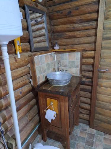 La salle de bains est pourvue d'un lavabo dans une cabane en rondins. dans l'établissement Cabañas Mandalas, à Federación