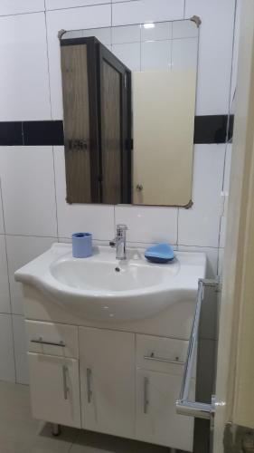 a bathroom with a white sink and a mirror at Gardenia Apartment-03 in Nadi
