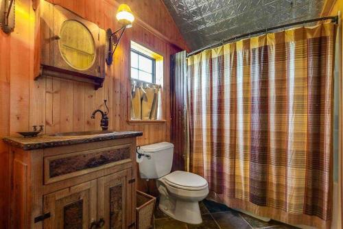 a bathroom with a toilet and a sink at Last Outpost Bandera Ranch House in Bandera