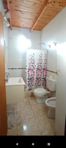 a bathroom with two toilets and a shower curtain at Departamento en Trelew in Trelew