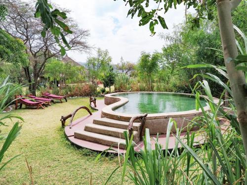 a swimming pool with stairs leading into a garden at Lake Natron Maasai giraffe eco Lodge and camping in Mtowabaga