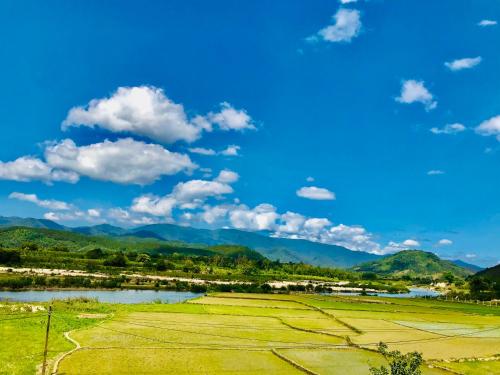 a field of crops with mountains in the background at Mộc Lan’s House in Phi Liêng