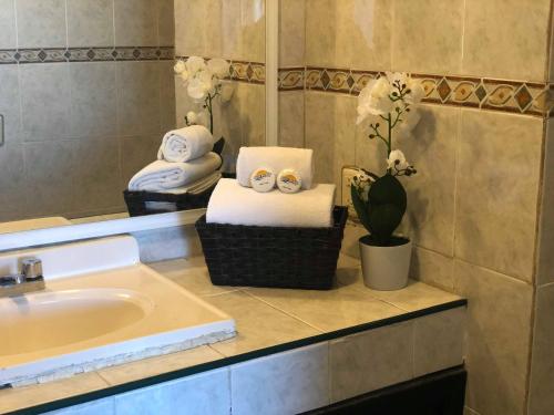 y baño con lavabo, espejo y toallas. en Zona Dorada Suites, en Mazatlán