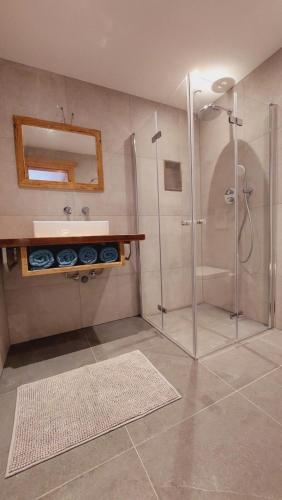 アウフファッハにあるAlpenchalet Almroseのバスルーム(シャワー、シンク付)