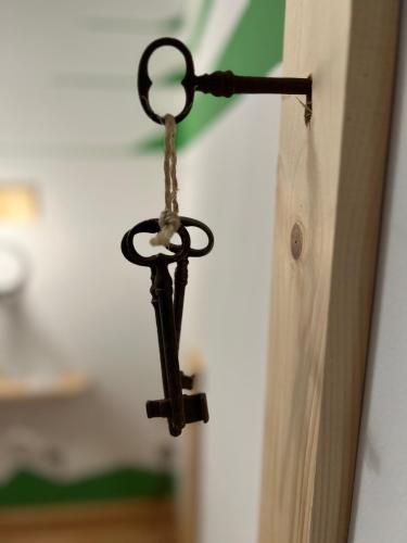 a cross hanging on a chain on a door at L'attente détente à 200 m du parc " Pairi Daiza " in Brugelette