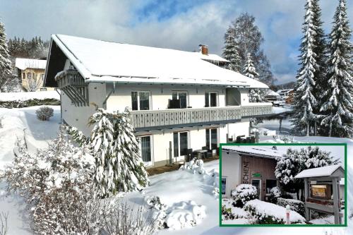 a house in the snow with snow covered trees at Suit' & Frühstück Zum Latschen - Adults Only in Mauth