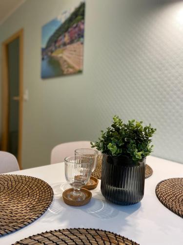a table with a glass and a plant on it at Ferienwohnung Loreley Mittelrheintal in Sankt Goar