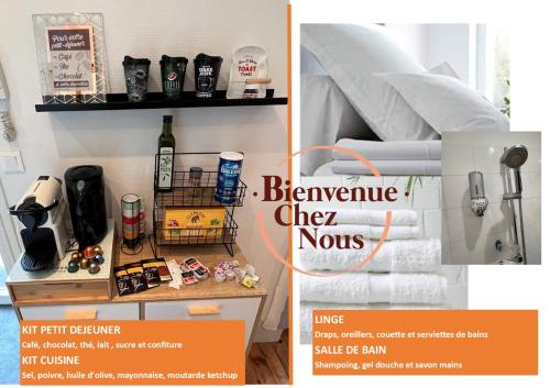 un collage de deux photos d'une pièce avec cuisine dans l'établissement Studio Av République avec parking (B), à Clermont-Ferrand