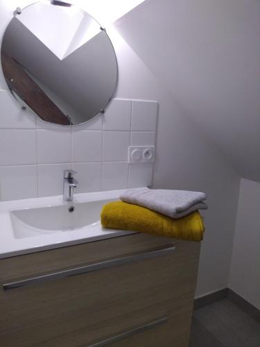La salle de bains est pourvue d'un lavabo et d'un miroir. dans l'établissement Studio de charme à la campagne, à Clayes