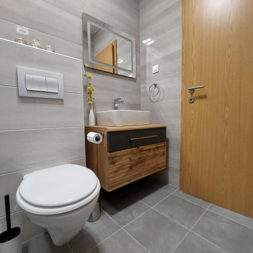 La salle de bains est pourvue de toilettes blanches et d'un lavabo. dans l'établissement Apartmaji Biseri, à Kranjska Gora