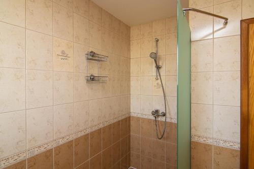baño con ducha y puerta de cristal en Villa Topola Bay View, en Topola