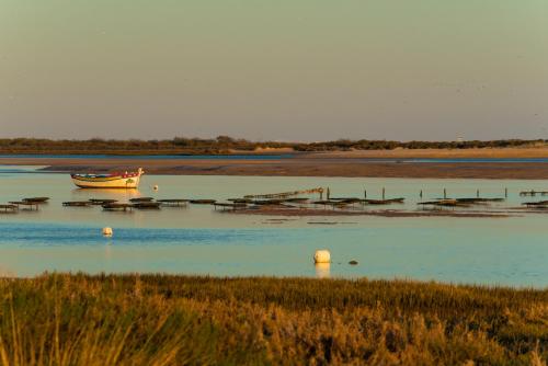 a boat sitting in the water next to a dock at Casa Flor de Sal in Moncarapacho