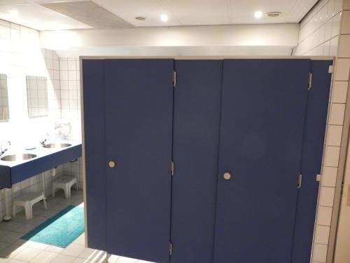 a bathroom with blue cabinets and a sink at Hoeve de Mertel in Biezenmortel