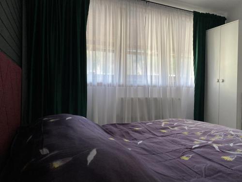 una camera con letto viola e finestra di Alvi Apartment Poiana Brasov a Poiana Brasov