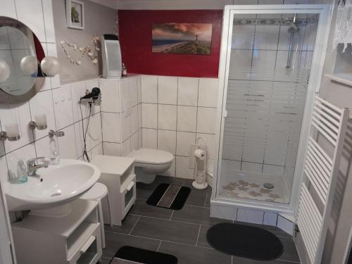 een badkamer met een douche, een toilet en een wastafel bij Haus Hubertus in Stolberg i. Harz