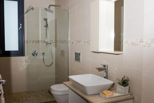 y baño con ducha, lavabo y aseo. en Villa Sania en Kassiopi