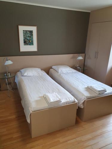 two beds in a room with two tables and two lamps at Carré in Lommel