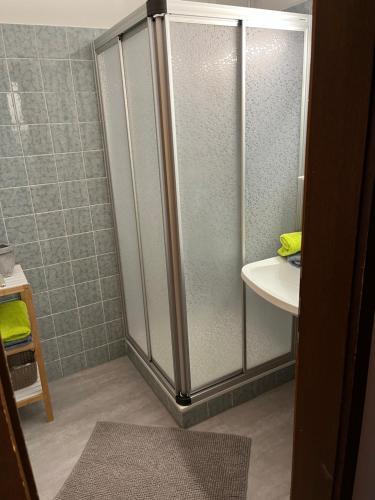 a shower stall in a bathroom with a sink at Pension Mitterwallner in Schladming