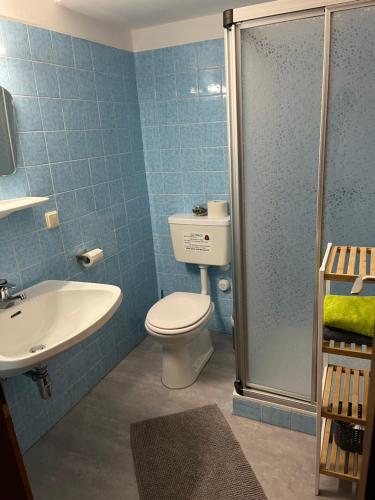 a bathroom with a toilet and a sink and a shower at Pension Mitterwallner in Schladming