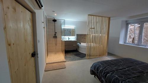 ein Bad mit einem WC, einem Waschbecken und einer Dusche in der Unterkunft maison en pierre avec balnéo entre Toul et nancy 