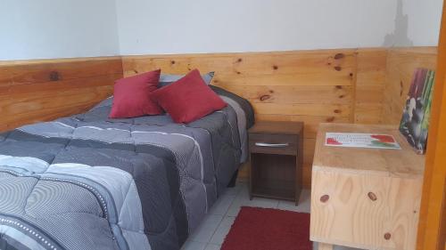 Un dormitorio con una cama con almohadas rojas. en Aji Verde Hostel, en La Serena