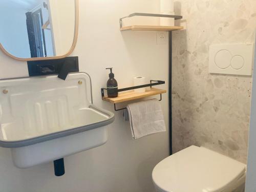 a bathroom with a sink and a toilet and a mirror at Serene Sixteen - Valence Centre Ville in Valence