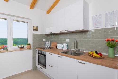 een keuken met witte kasten, een wastafel en een raam bij Studio LOVOR in the Green Countryside of Central Istria in Tinjan
