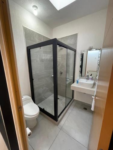 een badkamer met een douche, een toilet en een wastafel bij Casa Comoda Con Piscina in Naranjo