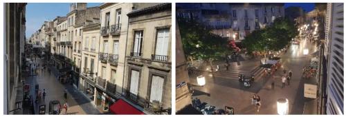 deux photos d'une rue urbaine avec des gens dans la rue dans l'établissement Appartement Bordeaux Centre rue Sainte Catherine proche Place de la Victoire, à Bordeaux