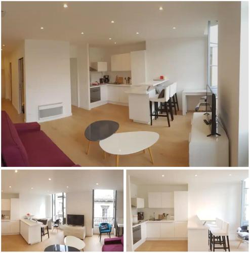 Il comprend un salon et une cuisine avec une table. dans l'établissement Appartement Bordeaux Centre rue Sainte Catherine proche Place de la Victoire, à Bordeaux