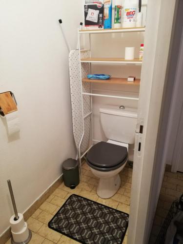 La salle de bains est pourvue de toilettes et d'un couvercle noir. dans l'établissement Appartement T2 Ax-les-thermes, à Ax-les-Thermes