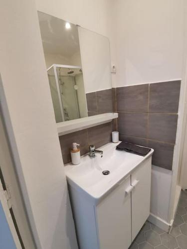 une salle de bain avec un lavabo blanc et un miroir dans l'établissement Blue Corner Château-Thierry, à Château-Thierry