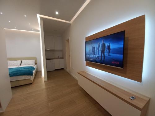 Schlafzimmer mit einem Flachbild-TV an der Wand in der Unterkunft Studio Apartman Bambi in Pale