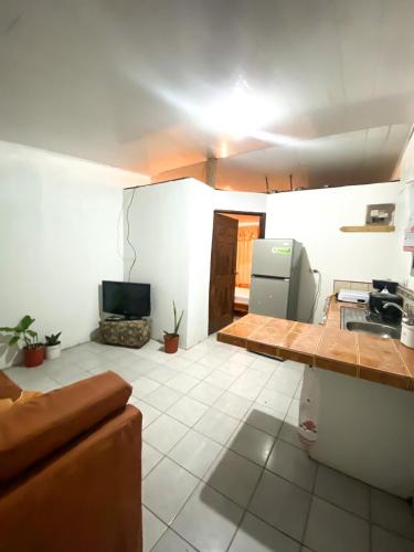 uma cozinha e sala de estar com um lavatório e um sofá em Apartamento em Aguas Zarcas
