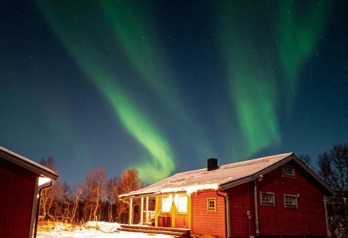 un'immagine dell'aurora boreale sopra una casa di Trivelig hytte i Senja. 