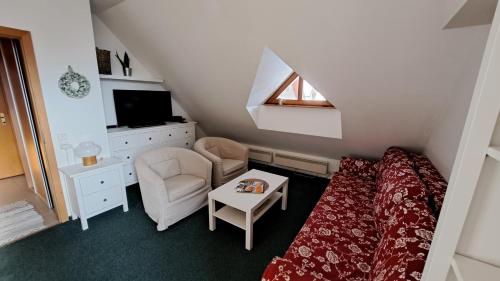 ein Schlafzimmer mit einem Bett, einem Stuhl und einem TV in der Unterkunft Apartmán 6 u sjezdovek in Rokytnice nad Jizerou