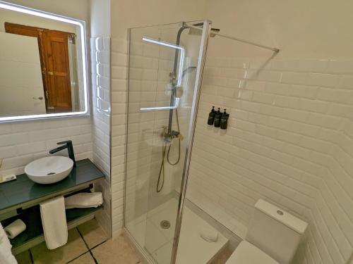 a bathroom with a shower and a toilet and a sink at Catalina Suites in Valencia