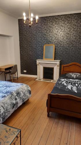 ein Schlafzimmer mit 2 Betten und einem Kamin in der Unterkunft Les Mancelles in Condé-sur-Sarthe