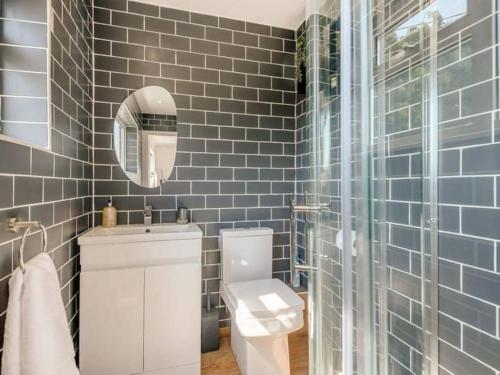 a bathroom with a toilet and a sink and a mirror at Luxury Home nestled in the South downs countryside in Bramber