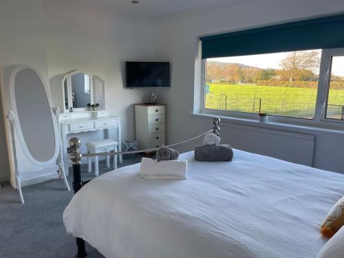 een slaapkamer met een groot bed en een groot raam bij Luxury Home nestled in the South downs countryside in Bramber