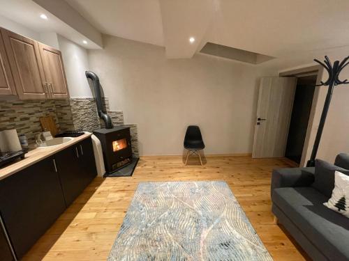 a kitchen and a living room with a stove at La Casa Verde in Buşteni