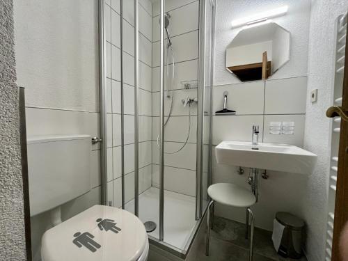 une salle de bain avec une douche, des toilettes et un lavabo dans l'établissement Ferienwohnung Wetterstein, à Lermoos